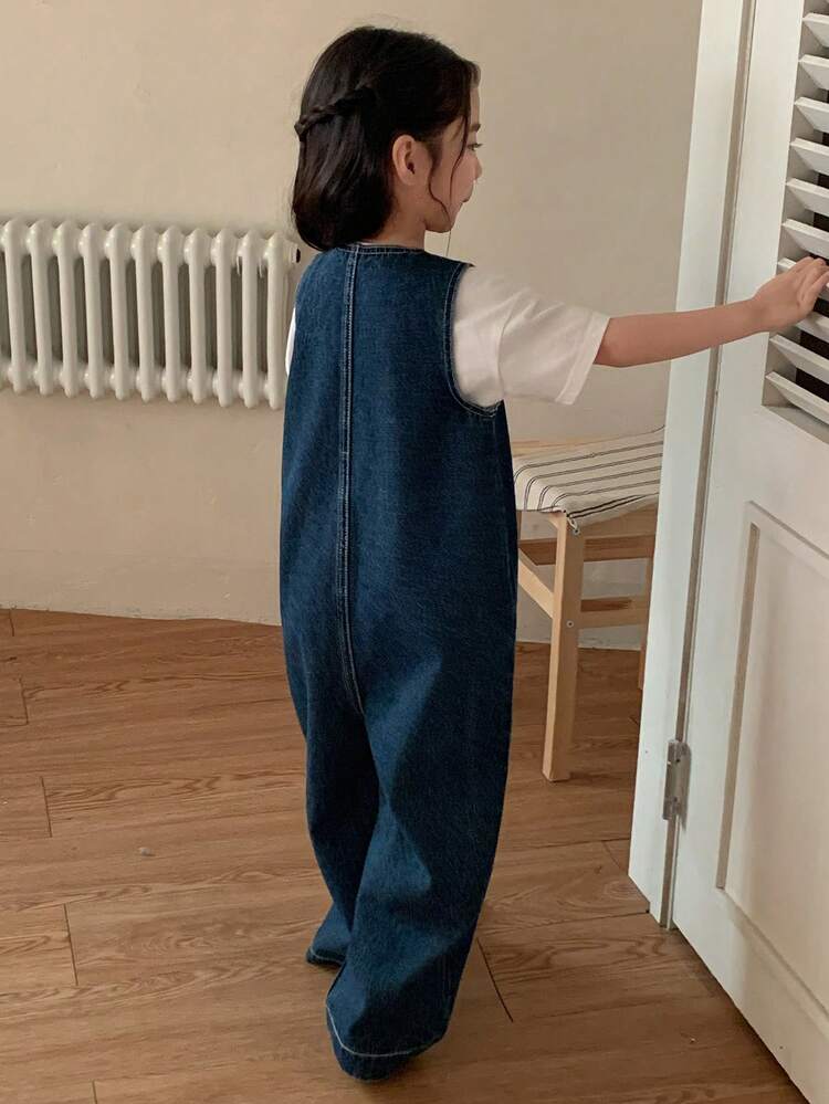 Young Girls Denim Bib Pants And Jumpsuit, Round Neck Casual Vintage Korean Style