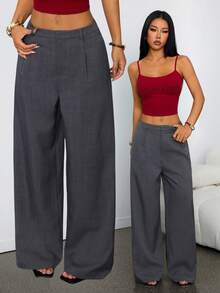 SHEIN PETITE 女士商务休闲裤 女士西式服装 女士阔腿裤 女士办公室服装 宽松裤 专业女士服装 办公室着装 灰色 - 深灰色 - 查看 10