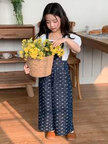 DAZY 年轻女孩休闲度假通勤碎花宽松阔腿牛仔连体裤 - 深色水洗藍 - 查看 9