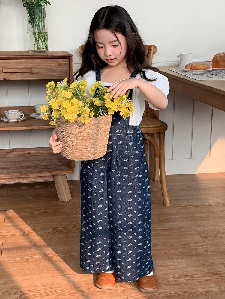 Young Girl Casual Vacation & Commute Ditsy Floral Loose Wide Leg Denim Jumpsuit