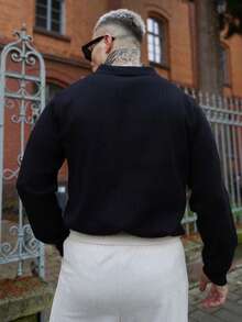 Artur Kramer Men's Loose Fit Thin Long Sleeve Ribbed Knit Polo Shirt, Minimalist & Fashionable, Suitable For Daily Commute, Spring/Autumn - Black - View 2