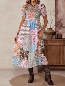 LanaWest 女士波西米亚风泡泡袖连衣裙，时尚V领系腰带随机印花连衣裙 - 彩色 - 查看 1