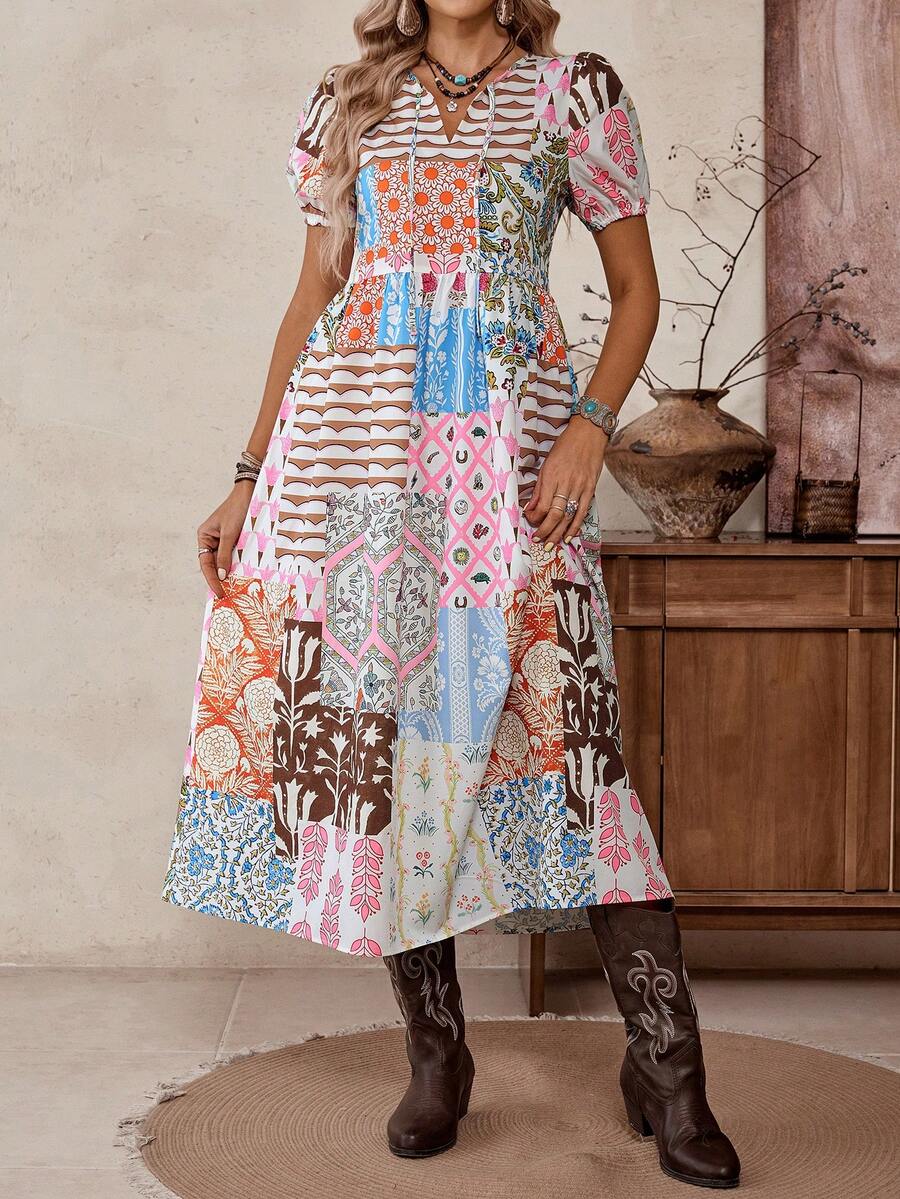 LanaWest 女士波西米亚风泡泡袖连衣裙，时尚V领系腰带随机印花连衣裙 - 彩色 - 查看 1