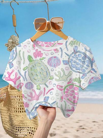 Resyla Camiseta de manga corta de ajuste ceñido con estampado digital de océano con vibra de verano, camiseta de mujer de manga corta ajustada con estampado de acuarela de océano y tortuga marina, camiseta gráfica con patrón de tortuga marina y algas marinas