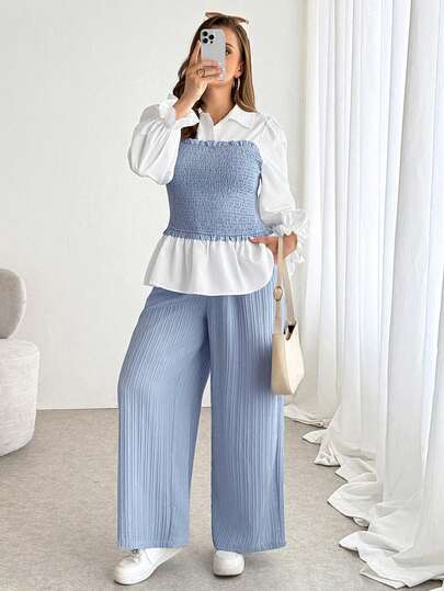 SHEIN Essnce Plus-Size Women's Spring And Autumn Fashion Casual Loose Comfortable Everyday Textured Fabric Patchwork Shirt And Elastic Waistband Wide-Leg Pants Blue Two Pieces Set,Spring Outfits,Pants Set,Work Clothes Elegant Blouses Ruffle Blouse Light Blue Blouse White And Blue Top Set Peplum Blouse Set   Spring Outfit Sets For Women