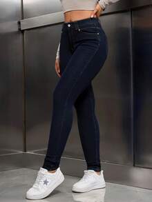 SHEIN Tall Jeans casuales y versátiles de cintura alta con bolsillos para mujer - Azul lavado oscuro - Ver 3