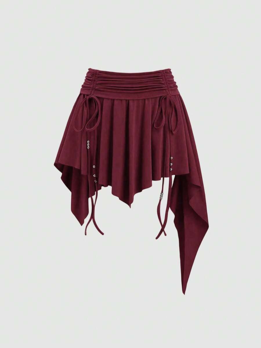 Sweetra Petite Bohemian Style Ruched Waist Asymmetrical Hem Brown Short Skirt, Suitable For Petite, Spring/Summer - Burgundy - View 1
