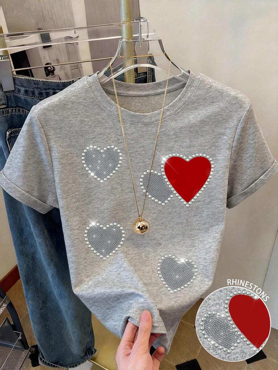 Resyla Heart Print Rhinestone Decor Casual Women Short Sleeve Round Neck T-Shirt, Gift For Friends - Light Grey - View 1