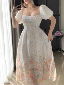 DAZY Women's Spring Vintage Romantic Floral Print Puff Sleeve Mini Dress Summer Sundress Boho - Multicolor - View 2
