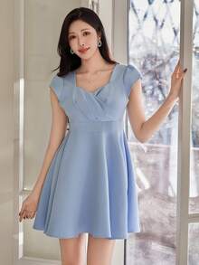 DAZY Women's Elegant Solid Color Pleated Puff Sleeve Mini Dress, Summer Wedding Guest Dress Sundress Cocktail Dress - Blue - View 4