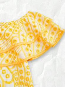 Olithes Women's Elegant Off Shoulder Embroidered Hollow Out Dress, Vacation Outfit - Yellow - View 3