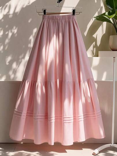 GlowEve CURVE Plus Size Women Pink Layered Ruffle Hem Pleated Detail Skirt