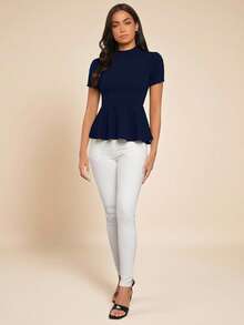 Amorya Women's Elegant Elegant Office Commute Minimalist Solid Color Stand Collar Short Sleeve Peplum Hem T-Shirt, Summer - Navy Blue - View 5