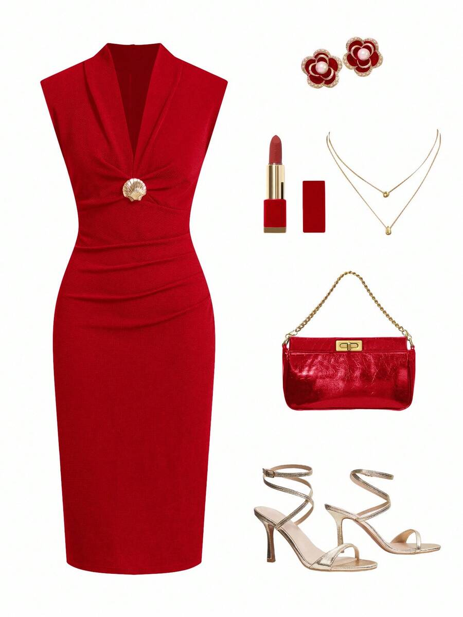 Ellevyn Women's Elegant Solid Color Sleeveless Midi Dress, Suitable For Party - Red - View 1