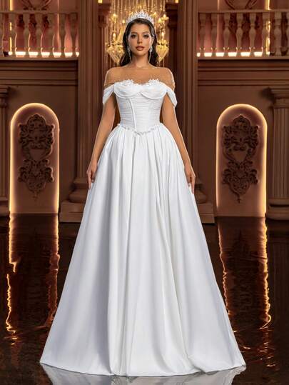 Glamrae Elegant fransk romantisk broderad axlarlös a-linjeformad formell klänning, lämplig för bröllop, bankett och formella tillfällen