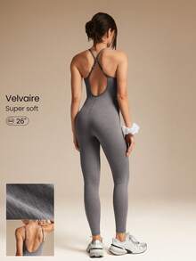 GLOWMODE 26英寸 Softy Velvaire 超柔软双向可拆卸胸垫连体衣，适合低冲击瑜伽、普拉提、日常休闲穿着。 - 灰色 - 查看 1