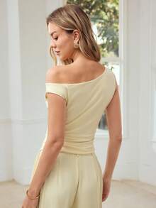 MOTF PREMIUM TOP SIN MANGAS ASIMÉTRICO CON CUELLO FRUNCIDO PARA CITAS ROMÁNTICAS DE MUJER, PRIMAVERA/VERANO - Amarillo claro - Ver 3