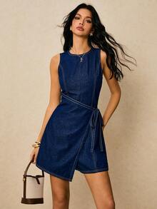 Poéselle New Women's Denim Overalls And Jumpsuits Wrap-Around Side Waist Tie Sleeveless Jumpsuit Autumn Clothing Dark Blue French Elegant Clothing For Going Out On A Date - Medium Wash - View 1