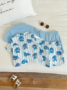 4件套男婴可爱卡通条纹兔子图案短袖针织睡衣套装，夏季休闲家居服套装 - 彩色 - 查看 2