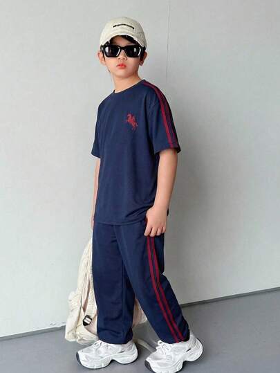 2pcs Tween Boy Casual Short Sleeve Top And Long Pants Set, Comfortable Versatile Sporty Minimalist All-Match Outfit, Suitable For Indoor, Outdoor, Daily, Sports, Play, Party, Photo Shoot, Holiday, All Seasons