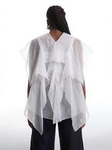 SHEIN EZwear 大尺碼女款白色網紗拼接荷葉領前扣襯衫，夏季優雅波希米亞風透視上衣，透明派對襯衫 - 白色 - 查看 2