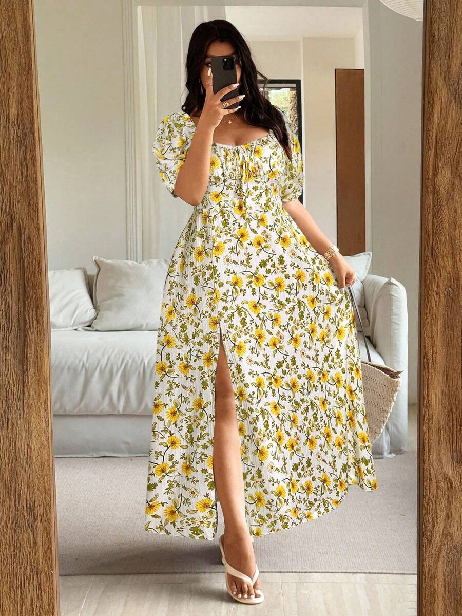 Vionelle 大码甜心领短袖碎花开衩休闲系带连衣裙 - 黃色 - 查看 1