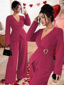 Elenzga Plus Size Women's French Style Elegant Textured Chiffon Long Sleeve 2-Piece Set,Magenta Autumn Office Classy Lounge Pant Sets - Hot Pink - View 3