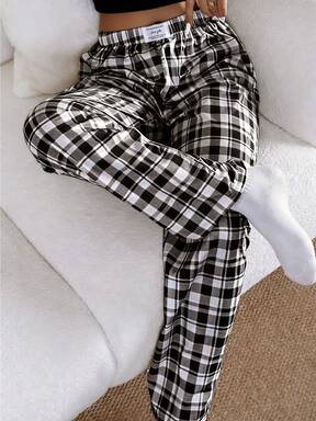 Dream Adore Women's Casual Pink Plaid Print Elastic Waist Straight Leg Pajama Pants