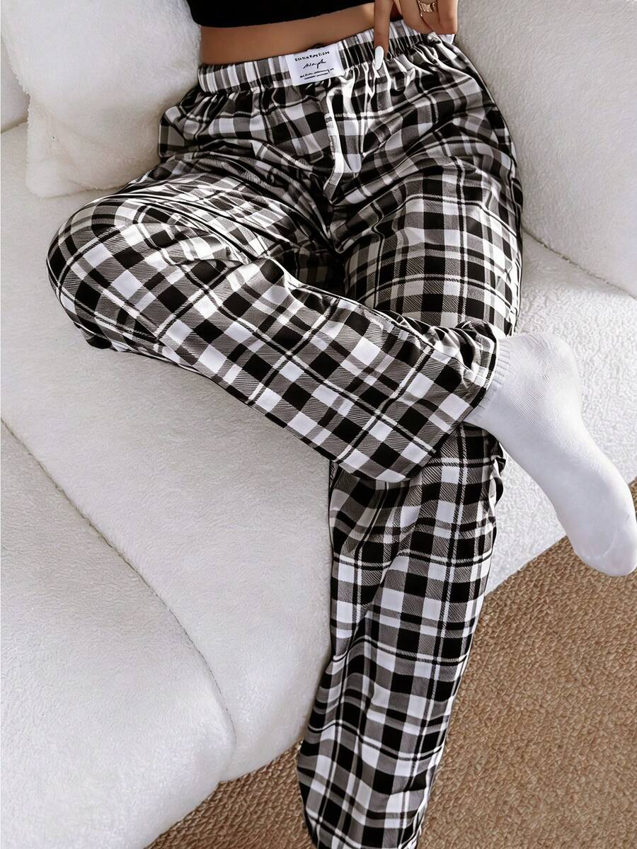 Dream Adore Women's Casual Pink Plaid Print Elastic Waist Straight Leg Pajama Pants - Black and White - View 1