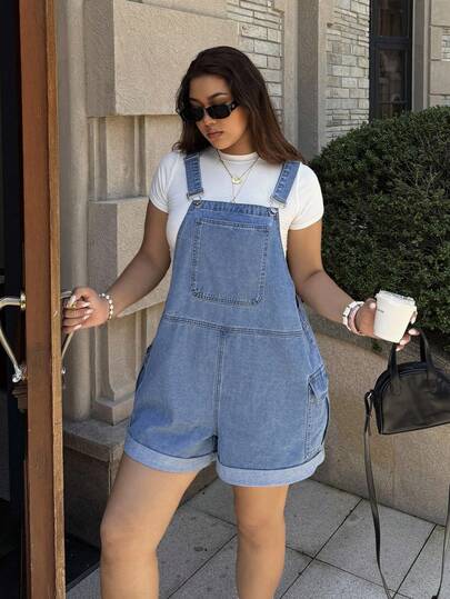 Dripcurv Plus-Size Women's Blue Retro Jumpsuit, Street-Style Preppy Denim Overalls Shorts, New Year's Outfit