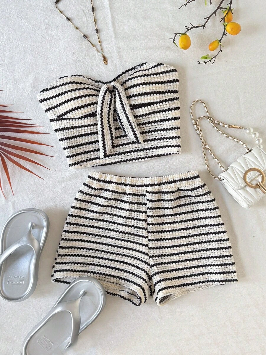 SHEIN Tween Girl Striped Tie Front Crop Top And Shorts Set - White - View 1
