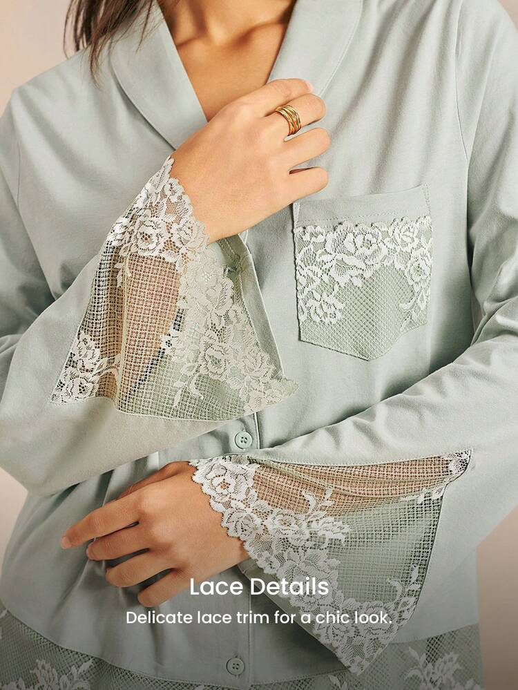 Conjunto de pijama de ropa de dormir de algodón 100% puro suave con pantalón y top con botones y adorno de encaje de lujo