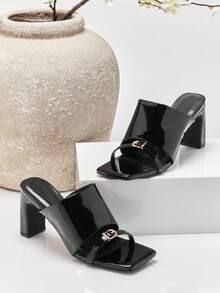 SHUZIA Women's Sexy Square Toe Block Heel Slip-On Sandals - Black - View 4