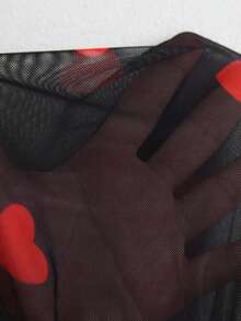 Elenzga 大码女式复古优雅修身褶皱渐变印花网纱弹力长袖打底T恤衫上衣，女士春秋服装 - 黑色 - 查看 10