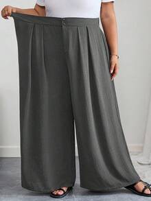 SHEIN CURVE+ 大码曲线/校园服/返校服/返校季大码女装办公室休闲裤，黑色高腰直筒休闲裤，简约时尚，适合日常穿着 - 深灰色 - 查看 4