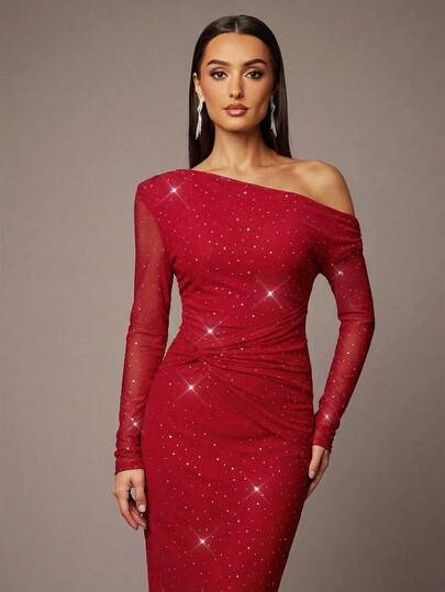 Silquee Vestido elegante y sexy de manga larga, ajuste , con hombros oblicuos fruncidos y retorcidos de malla negra, adecuado para citas románticas, San Valentín, uso diario, citas casuales, fiestas, reuniones, festivales, salidas nocturnas, discotecas, fiestas de cóctel