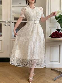 DAZY Elegant High-End Lace Dress With Tie Cinched Waist Embroidered Dress, Soft Korean Style Charming Youthful Dress Wedding Guest Dress Summer Sundress - Ivory White - View 3