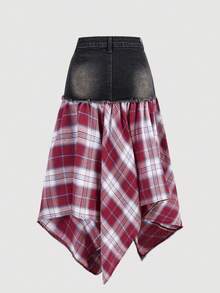 Girlism 少女蓝色牛仔拼接黑白格子不对称中长裙 - 黑色 - 查看 2