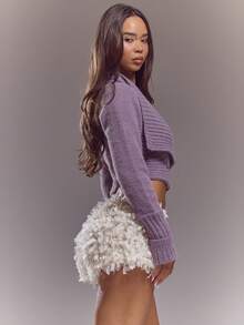 MUSERA Knit Plunge Front Buckle Detail Cropped Cardigan Spring Summer Cute Sexy Streetwear Night Out Ballet Sleeze - Purple - View 3