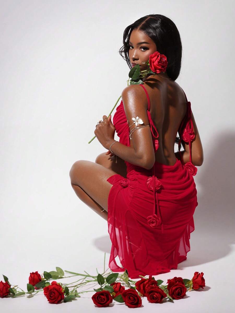 Amplova Women's Mid-Length Dress With Draped Neckline, Drawstring, Ruffle Trim, Flounce Hem, Spaghetti Straps, Backless, Floral Print, Fashionable & Sexy Red Dress Rouche Dress - Bright Red - View 1