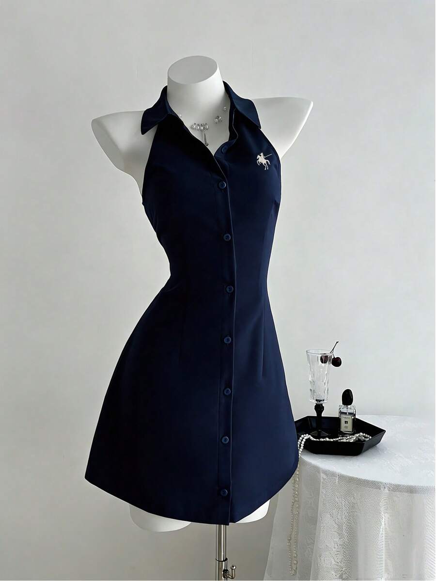 Elamini White Sleeveless Embroidered Fitted A-Line Dress, Spring/Summer - Navy Blue - View 1