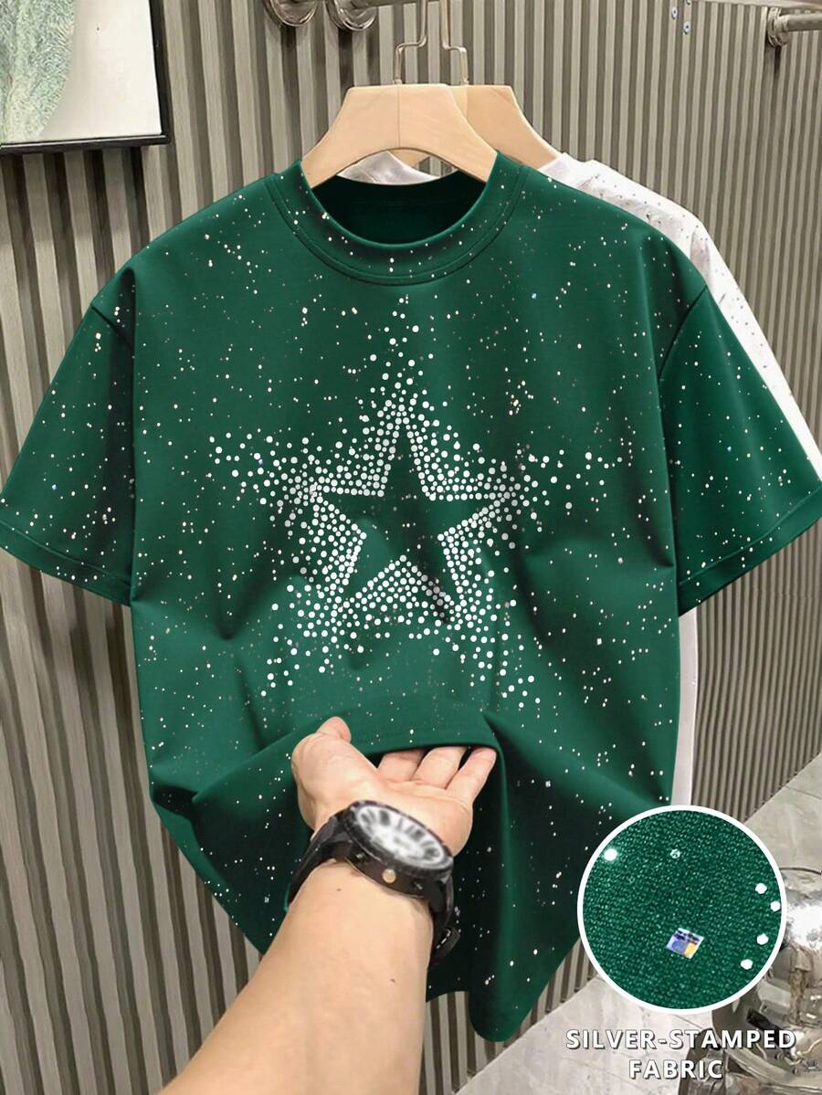 Claim Dot 男士圆领短袖休闲银箔星形T恤 - 墨綠色 - 查看 1