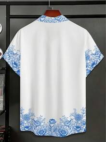 Manfinity RSRT Áo sơ mi nam tay ngắn cài cúc - Họa tiết hoa xanh trắng, thích hợp cho hoạt động ngoài trời và mặc hàng ngày, trang phục nam thoải mái. - Nhiều màu - Xem 4