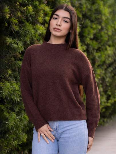 Andrea Bello 女式超大宽松落肩长袖纯色针织毛衣，秋冬，长袖上衣，复古风格，秋季女装