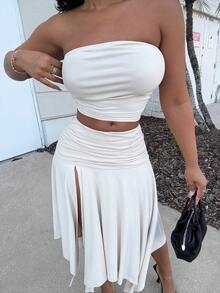 Alexandranx Women's Summer Solid Color Ruched Strapless Top + Asymmetrical High Slit Skirt - Apricot - View 5
