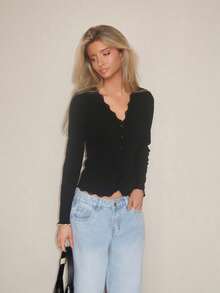 Sydney Algeri Cárdigan ajustado con manga larga y volantes de encaje para mujer - Negro - Ver 4