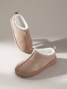 Solecia 女士时尚舒适厚底仿保暖内衬雪地靴，保暖针织边一脚蹬拖鞋，适合室内外穿着 - 杏色 - 查看 5