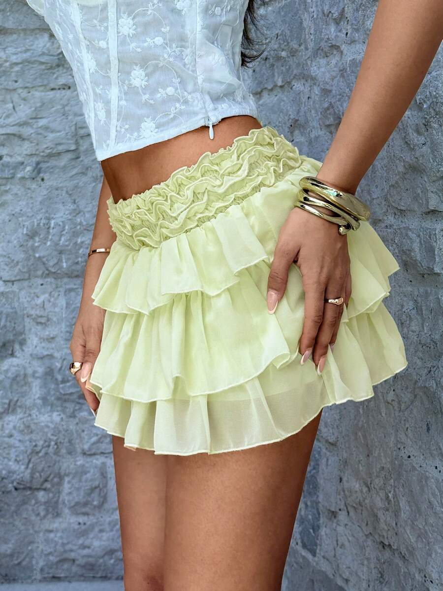 Aloruh 女士春夏新款迷你裙，纯色浅黄色/米色荷叶边设计性感可爱Y2K风格半身裙