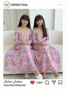 Vestido floral con degradado azul pastel para niñas preadolescentes, estilo modesto, con encaje, tela ligera, tipo abaya/jalabiya de Oriente Medio - Multicolor - Ver 9