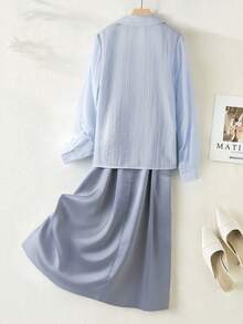 SHEIN Franclia Women's Casual Collared Pleated Shirt And Long Strap Dress Set, Spring/Summer - Blue - View 2